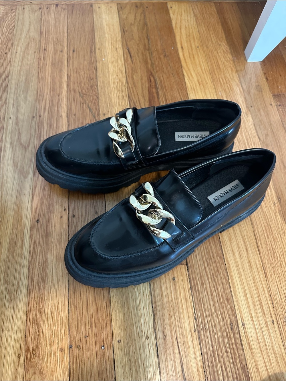 Steve Madden Black Loafers with Gold Chain Accent